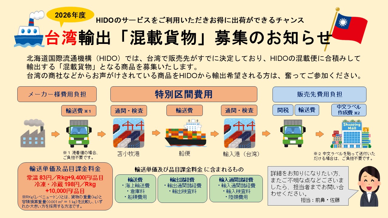小口混載コンテナ事業 2026年度台湾輸出「小口混載輸送サービス(トライアル)」に参加を希望される企業を募集します。